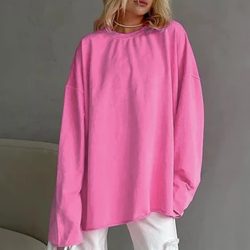 2023 Длинные рукава Повседневная розовая свободная футболка Женская уличная футболка Осень O-образным вырезом Модный офис Леди Футболки Топы Одежда 29355