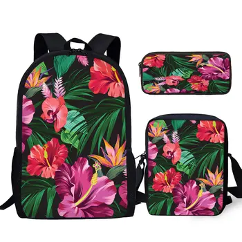 YIKELUO Гибискус Дизайн Пальмовый лист Молодежный рюкзак для ноутбука с застежкой-молнией Сумка-мессенджер Тропический принт растений Студенческий пенал
