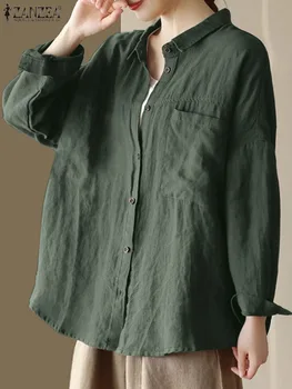 ZANZEA 2023 Всематчевая женская рубашка Хлопок с длинным рукавом и лацканами Топы с воротником Карман в корейском стиле Однобортная блузка Fashion Blusas