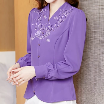 Вышиванка Топ Осень 2023 Женская мода с V-образным вырезом и узкая рубашка Профессиональная офисная леди OL Элегантная блузка Рубашка