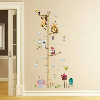 Декор двери детской Лесные животные деревья для детской комнаты Высота стены Наклейка Декоративная фреска Диаграмма роста Слон Наклейки