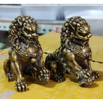 Китай старый классический архаичный бронзовый лев пара Fu Foo Dog guard Статуи 5,3 см