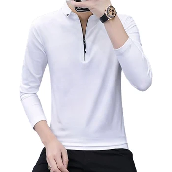 Мужская деловая формальная рубашка Узкая блузка с вырезом на молнии Топы с длинным рукавом для офиса и нарядных случаев Белый/черный