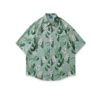  Полная печать Рубашка с короткими рукавами и цветочным принтом Мужские свободные универсальные рубашки в гавайском стиле для лета