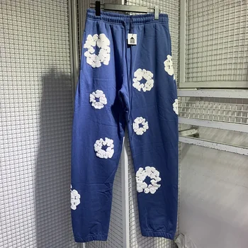 темно-синий джинсовые слезы повседневные брюки пенный принт хлопок венок толстовка с капюшоном брюки мужчины женщины модные брюки джоггеры